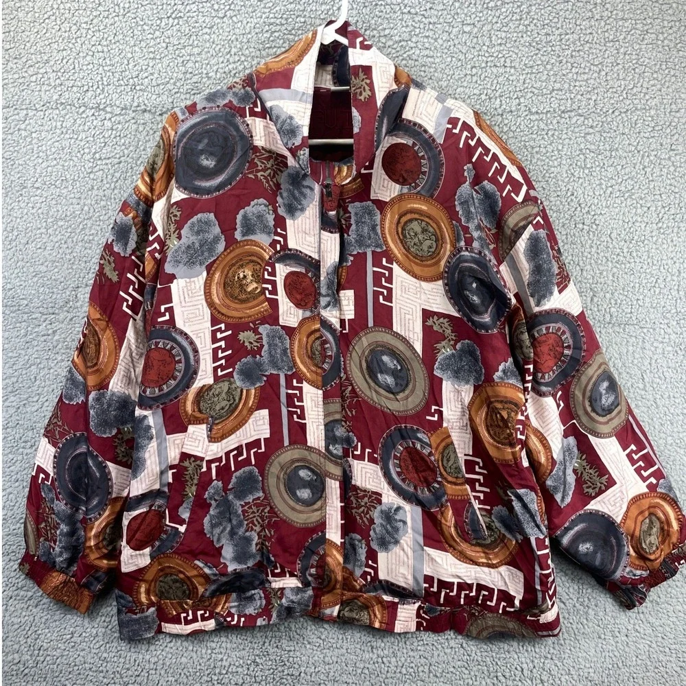 Fuda International Silk Bomber Jacket Medallion Men's XL Burgundy Vintage